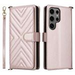 For Samsung Galaxy S25 Ultra 5G Multifunctional 6-Card Slots Leather Phone Case with Wrist Strap(Pink)