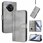 For Sharp Aquos R7 Line Splicing Buckle Retro Leather Phone Case(Grey)