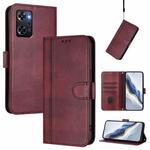 For OPPO Reno9 A Line Splicing Buckle Retro Leather Phone Case(Wine Red)