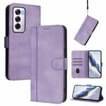For OPPO Reno12 5G Global Line Splicing Buckle Retro Leather Phone Case(Purple)