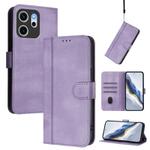 For OPPO Reno14 F 5G Line Splicing Buckle Retro Leather Phone Case(Purple)