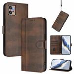 For Motorola Moto G32 Line Splicing Buckle Retro Leather Phone Case(Brown)
