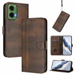 For Motorola Moto G35 5G Line Splicing Buckle Retro Leather Phone Case(Brown)