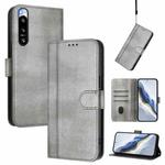 For Sony Xperia 5 IV Line Splicing Buckle Retro Leather Phone Case(Grey)