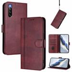 For Sony Xperia 10 V 2023 Line Splicing Buckle Retro Leather Phone Case(Wine Red)