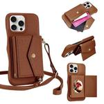 For iPhone 15 Pro Max Litchi Texture Horizontal Card Bag Holder Phone Case with Long Lanyard(Brown)