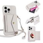 For iPhone 15 Pro Max Litchi Texture Horizontal Card Bag Holder Phone Case with Long Lanyard(White)