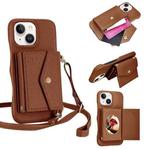 For iPhone 15 Litchi Texture Horizontal Card Bag Holder Phone Case with Long Lanyard(Brown)
