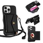 For iPhone 14 Pro Litchi Texture Horizontal Card Bag Holder Phone Case with Long Lanyard(Black)