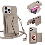 For iPhone 14 Pro Litchi Texture Horizontal Card Bag Holder Phone Case with Long Lanyard(Grey)