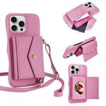 For iPhone 14 Pro Litchi Texture Horizontal Card Bag Holder Phone Case with Long Lanyard(Pink)