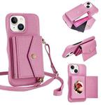 For iPhone 14 Plus Litchi Texture Horizontal Card Bag Holder Phone Case with Long Lanyard(Pink)