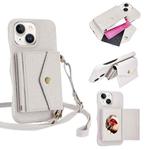 For iPhone 14 Plus Litchi Texture Horizontal Card Bag Holder Phone Case with Long Lanyard(White)