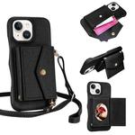 For iPhone 14 / 13 Litchi Texture Horizontal Card Bag Holder Phone Case with Long Lanyard(Black)