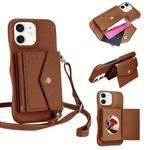 For iPhone 12 / 12 Pro Litchi Texture Horizontal Card Bag Holder Phone Case with Long Lanyard(Brown)