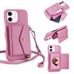 For iPhone 12 / 12 Pro Litchi Texture Horizontal Card Bag Holder Phone Case with Long Lanyard(Pink)