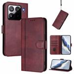 For Xiaomi 15 Pro Line Splicing Buckle Retro Leather Phone Case(Wine Red)