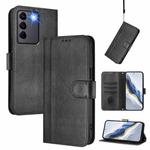 For vivo V27 5G / V27 Pro 5G Global Line Splicing Buckle Retro Leather Phone Case(Black)