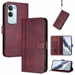 For vivo Y19s 4G Global Line Splicing Buckle Retro Leather Phone Case(Wine Red)