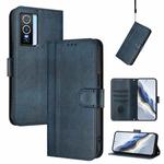 For vivo Y76 5G Line Splicing Buckle Retro Leather Phone Case(Dark Blue)