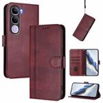For vivo V40 Lite 4G IDN / Y300 5G IDN Line Splicing Buckle Retro Leather Phone Case(Wine Red)