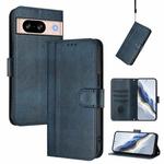For Google Pixel 8 Line Splicing Buckle Retro Leather Phone Case(Dark Blue)