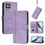For Samsung Galaxy M33 5G Global Line Splicing Buckle Retro Leather Phone Case(Purple)