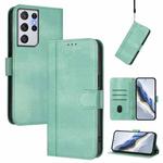 For Samsung Galaxy S21 Ultra 5G Line Splicing Buckle Retro Leather Phone Case(Mint Green)