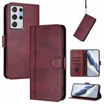 For Samsung Galaxy S21 Ultra 5G Line Splicing Buckle Retro Leather Phone Case(Wine Red)