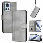 For OnePlus 10R / OnePlus Ace Line Splicing Buckle Retro Leather Phone Case(Grey)