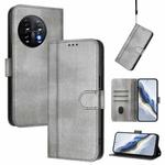 For Oneplus 11 Line Splicing Buckle Retro Leather Phone Case(Grey)