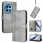 For OnePlus 12 Line Splicing Buckle Retro Leather Phone Case(Grey)