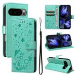 For Google Pixel 10 / 10 Pro Global Cat and Bee Embossed Flip Leather Phone Case(Green)
