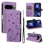 For Google Pixel 10 / 10 Pro Global Cat and Bee Embossed Flip Leather Phone Case(Purple)
