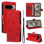 For Google Pixel 10 Pro XL 5G Global Cat and Bee Embossed Flip Leather Phone Case(Red)