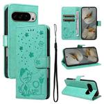 For Google Pixel 10 Pro XL 5G Global Cat and Bee Embossed Flip Leather Phone Case(Green)