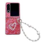 For ZTE nubia Flip2 Pearlescent Shell Texture Heart Pattern Phone Case with Bracelet(Red)