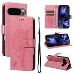 For Google Pixel 10 5G / 10 Pro 5G Global Tree & Cat Embossed Pattern Flip Leather Phone Case(Pink)