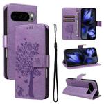 For Google Pixel 10 5G / 10 Pro 5G Global Tree & Cat Embossed Pattern Flip Leather Phone Case(Light Purple)