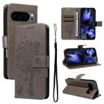 For Google Pixel 10 5G / 10 Pro 5G Global Tree & Cat Embossed Pattern Flip Leather Phone Case(Grey)