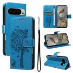 For Google Pixel 10 Pro XL 5G Global Tree & Cat Embossed Pattern Flip Leather Phone Case(Blue)