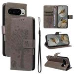 For Google Pixel 10 Pro XL 5G Global Tree & Cat Embossed Pattern Flip Leather Phone Case(Grey)