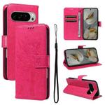 For Google Pixel 10 Pro XL 5G Global Tree & Cat Embossed Pattern Flip Leather Phone Case(Rose Red)