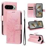 For Google Pixel 10 Pro XL 5G Global Tree & Cat Embossed Pattern Flip Leather Phone Case(Rose Gold)