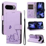 For Google Pixel 10 / 10 Pro Global Adorable Cat Embossed Pattern Flip Leather Phone Case(Purple)