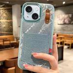 For iPhone 15 Denim Leather Pocket Design Phone Case(Light Blue)