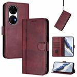For Huawei P50 Pro Line Splicing Buckle Retro Leather Phone Case(Wine Red)