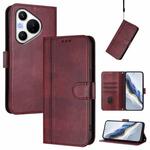 For Huawei Pura 70 Line Splicing Buckle Retro Leather Phone Case(Wine Red)