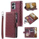For OPPO Reno13 Pro Grid Texture Zipper Leather Phone Case with Lanyard(Wine Red)