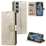 For Sony Xperia 1 VII Totem Flower Embossed Leather Phone Case with Lanyard(Gold)